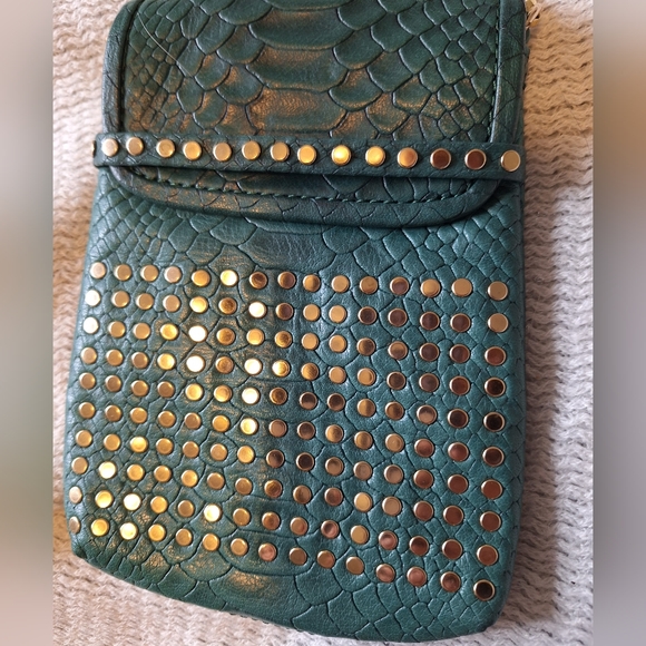 REBECCA MINKOFF Green Croco Print Leather Button Studded Crossbody Phone Bag - Picture 6 of 7